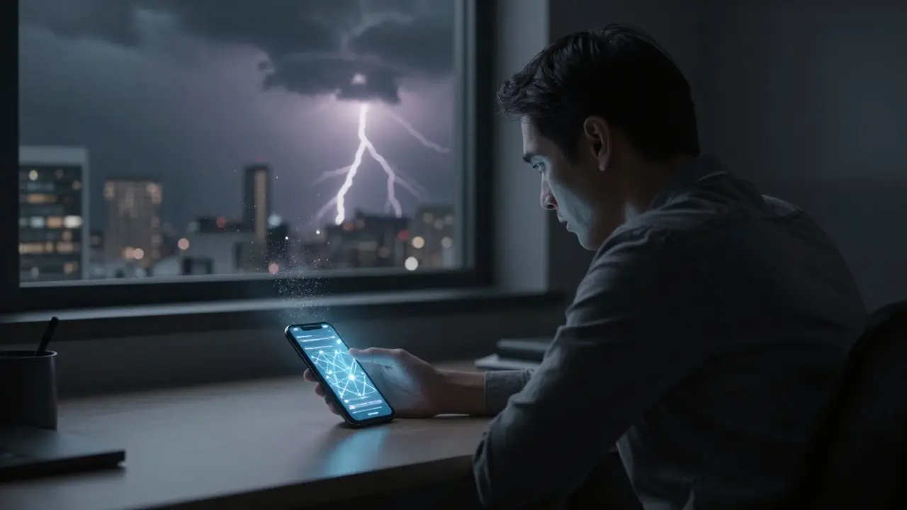Person sitting at a desk with a glowing phone amidst a stormy city backdrop