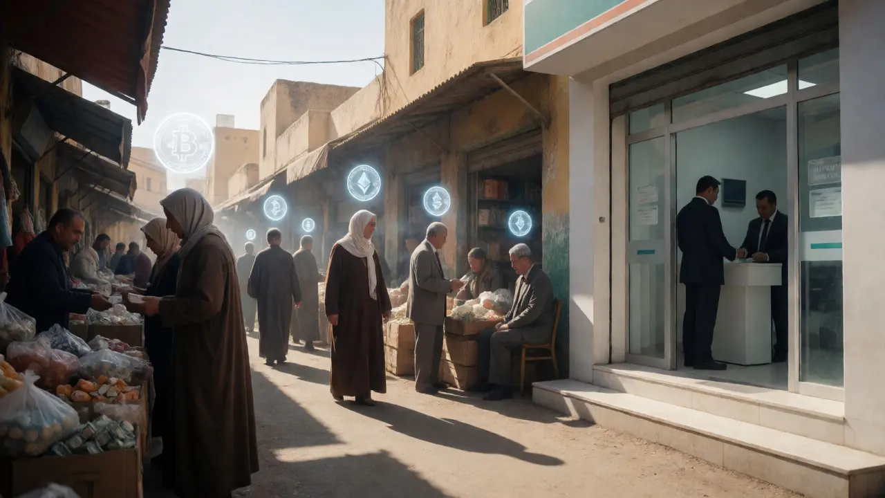 Shattered crypto tokens floating over an Algerian market street