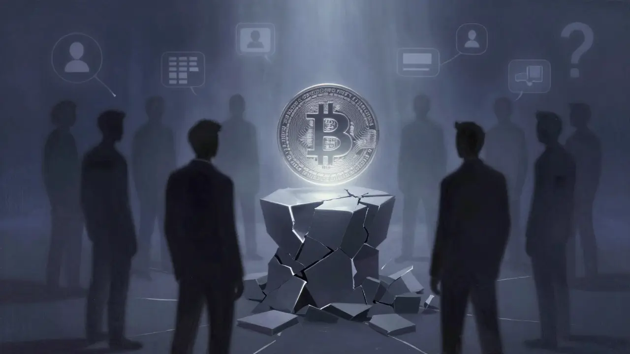 Silhouettes surrounding a fragmented, glowing token symbolizing community chaos