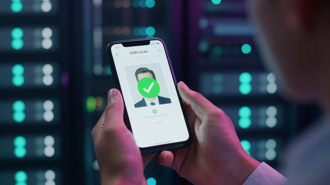 Smartphone displaying biometric verification with server room background