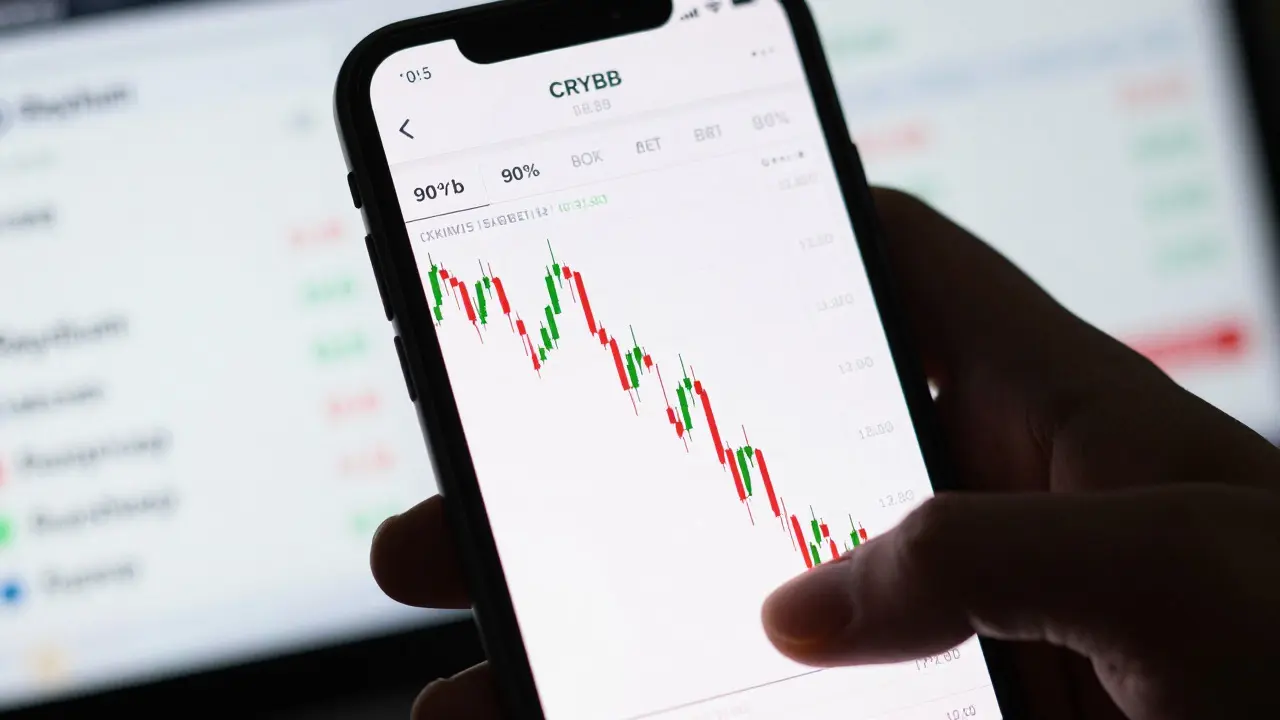 Smartphone showing a crashing crypto price chart with blurred DEX background