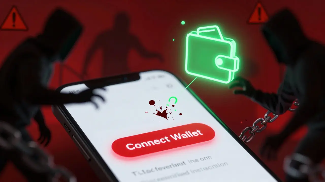 Smartphone showing a fake wallet connection warning against crypto scams