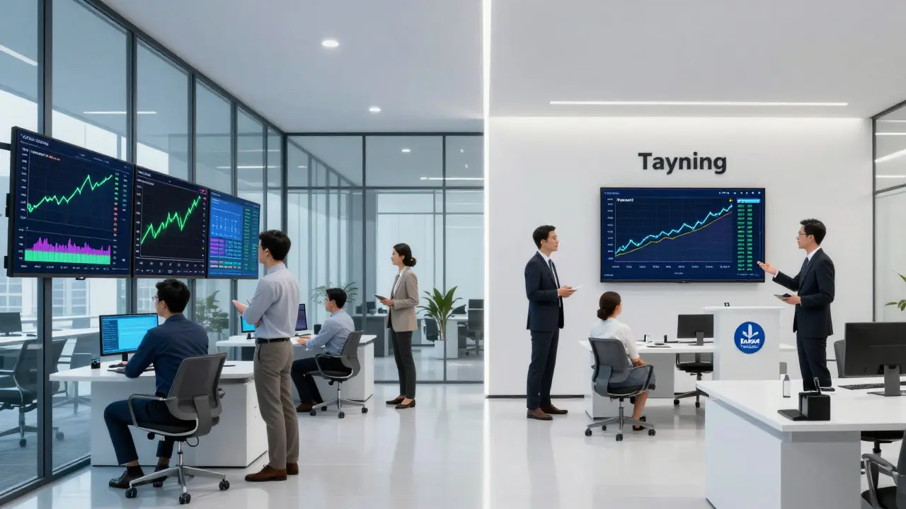 Split scene showing crypto traders vs bankers representing OJK and BI regulations.