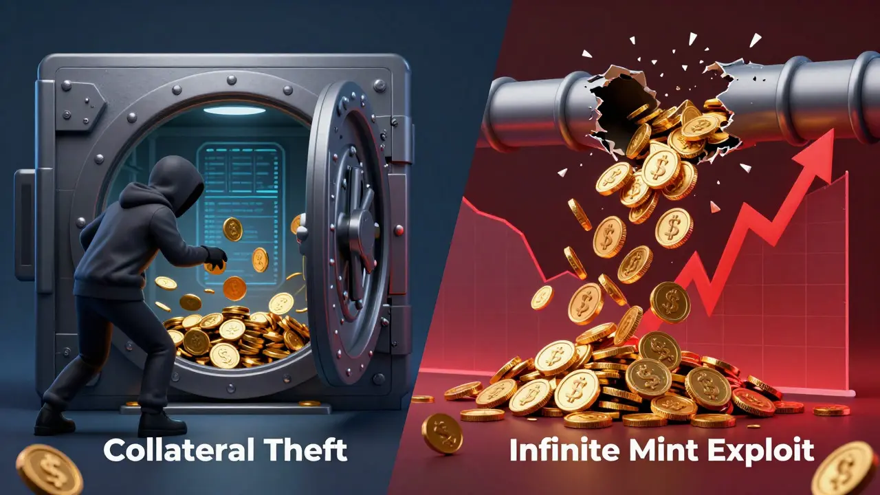 Split view showing collateral theft and infinite mint hack
