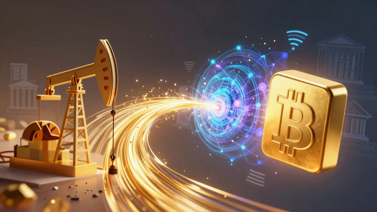 Surreal illustration of Bitcoin flow bypassing traditional banking systems