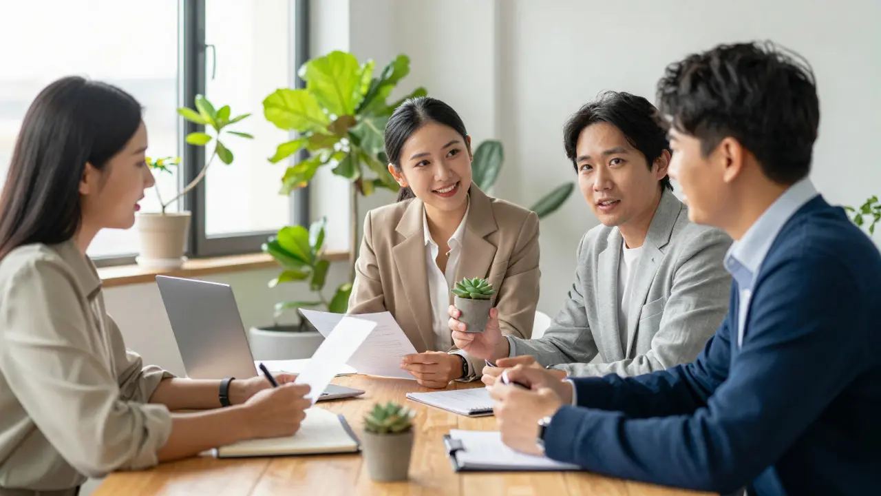 Three investors discussing sustainable finance in a sunny, plant-filled office