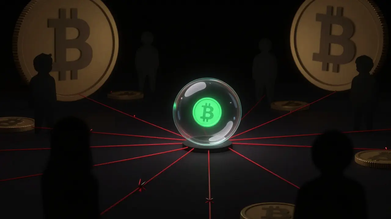 Tiny fragile coin sphere dwarfed by giant shadows illustrating micro-cap status