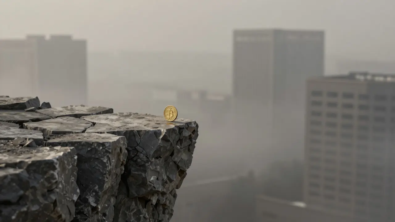 Tiny golden coin balancing on a cliff edge above a foggy abyss