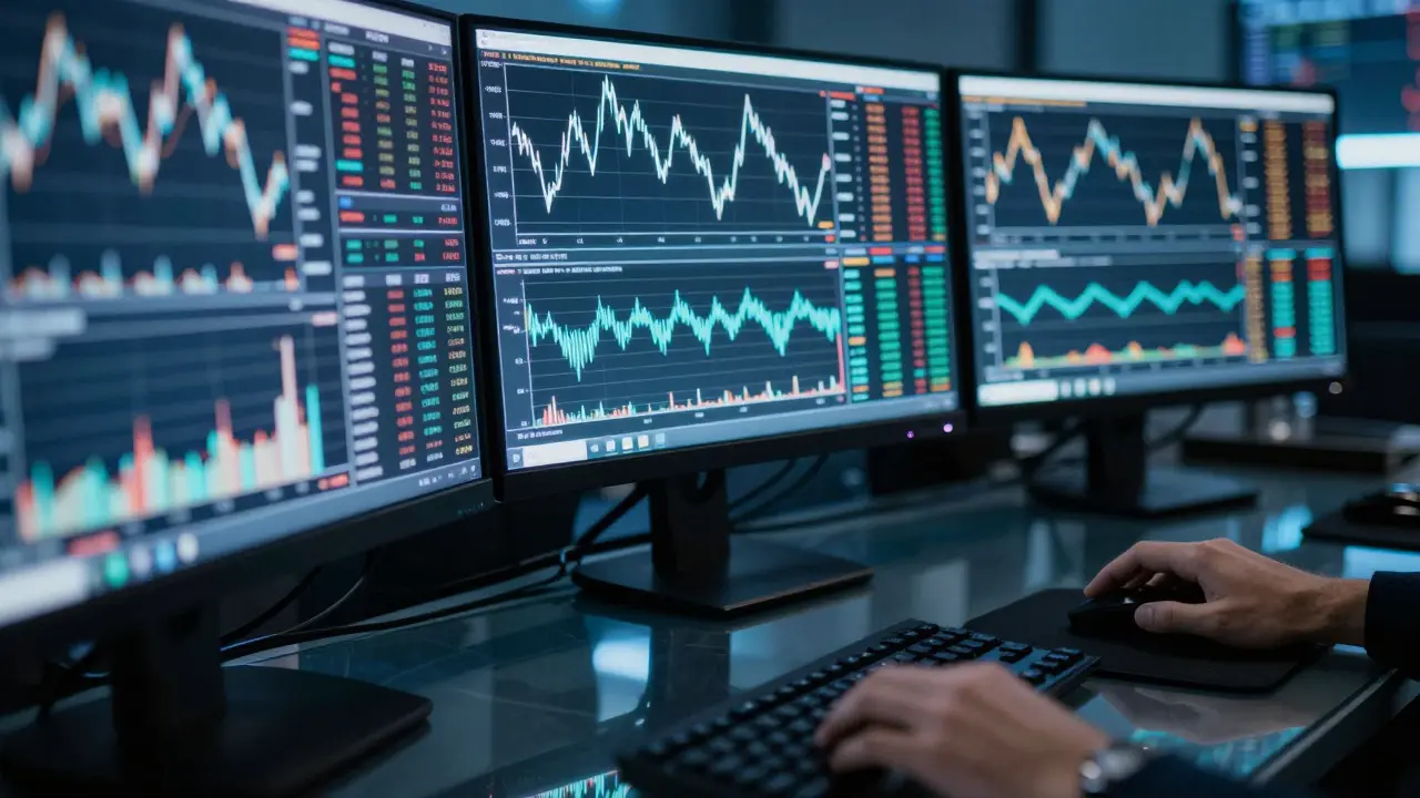 Traders hands near monitors showing chaotic and conflicting volatile price charts in a dark room
