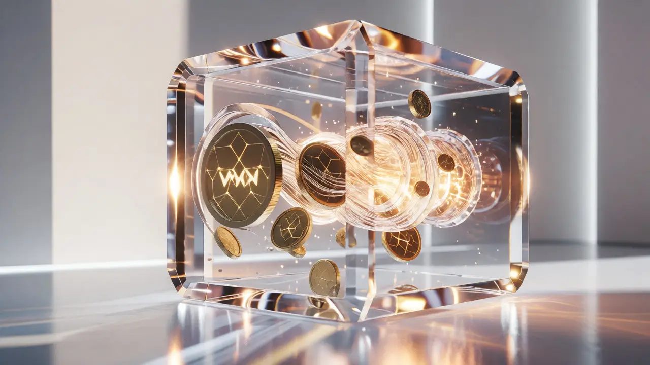 3D render of a crystalline vault transforming gold coins into bright energy cores.