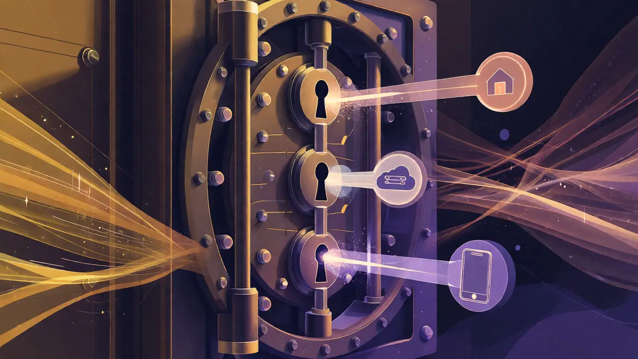 A conceptual vault unlocking through three converging digital key beams.