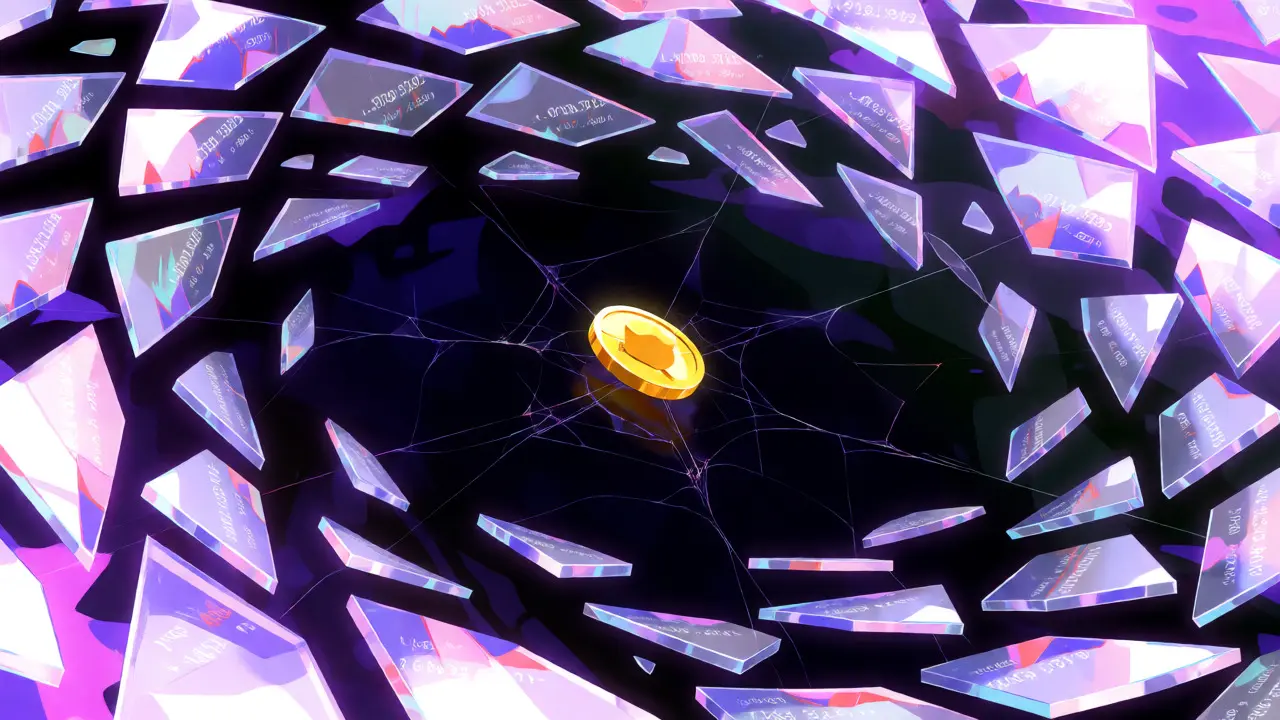 A fragile golden token hovering over an abyss amidst floating, fragmented digital shards.