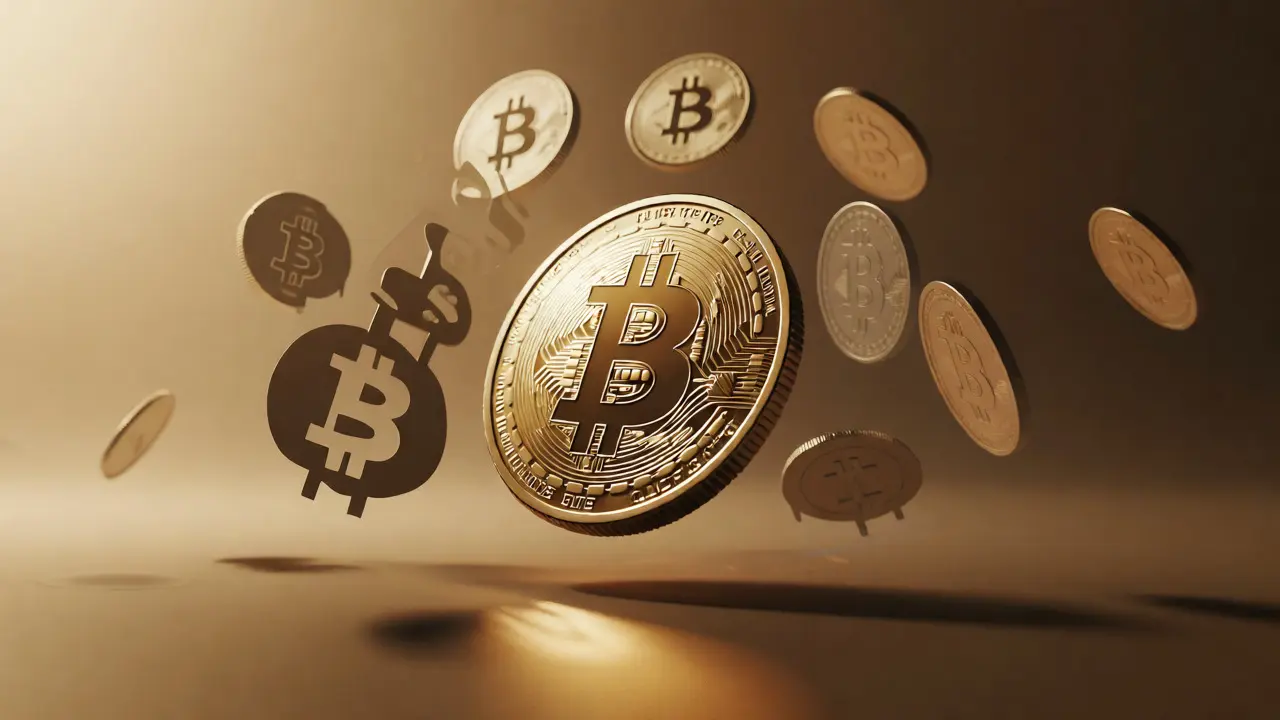 A golden GBYTE coin floating amidst fading Bitcoin symbols representing its airdrop origin.