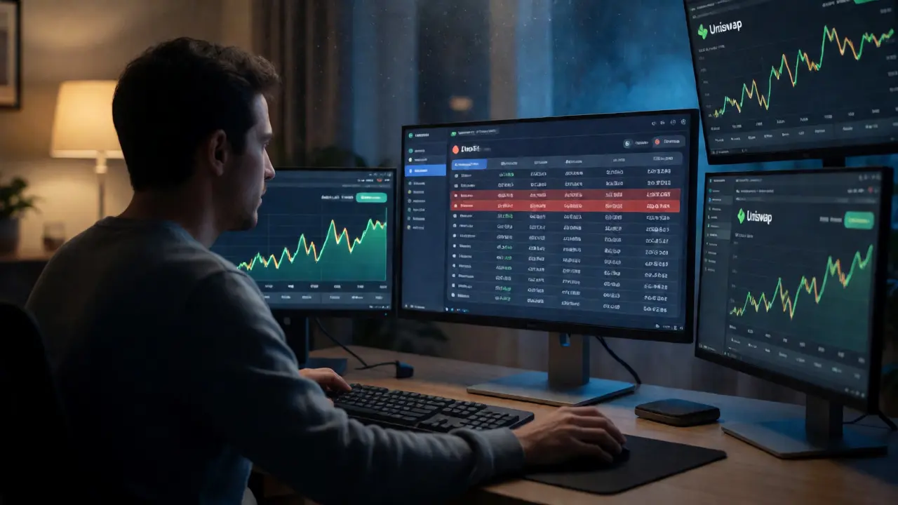 A trader hesitating before making a transaction on a decentralized exchange with low activity metrics.