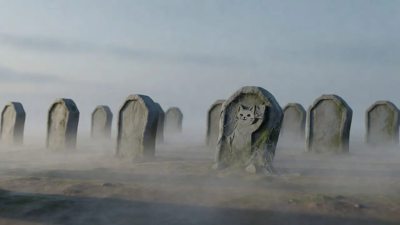 A weathered tombstone carved with a cat selfie stands alone in a foggy digital graveyard.
