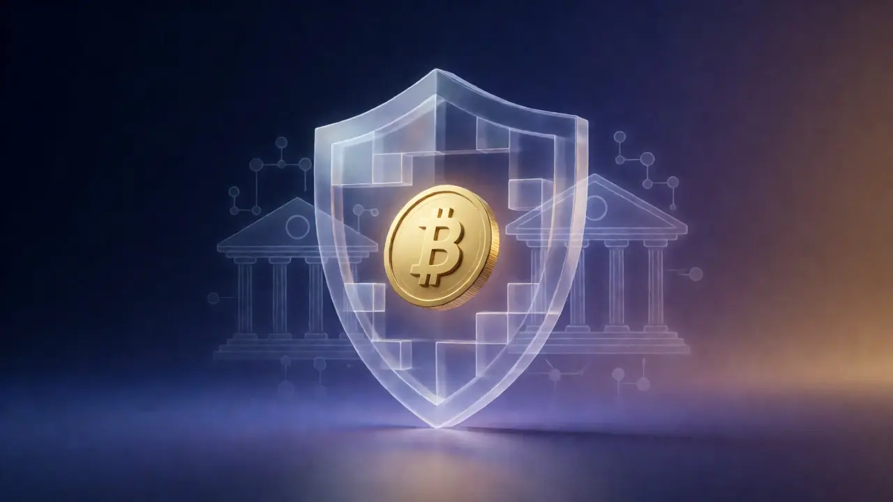 Abstract digital shield protecting a golden token, symbolizing compliant DeFi and security.