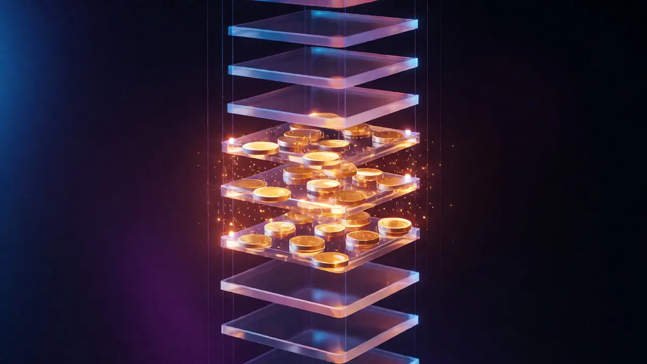 Abstract visualization of concentrated liquidity on a glowing ladder
