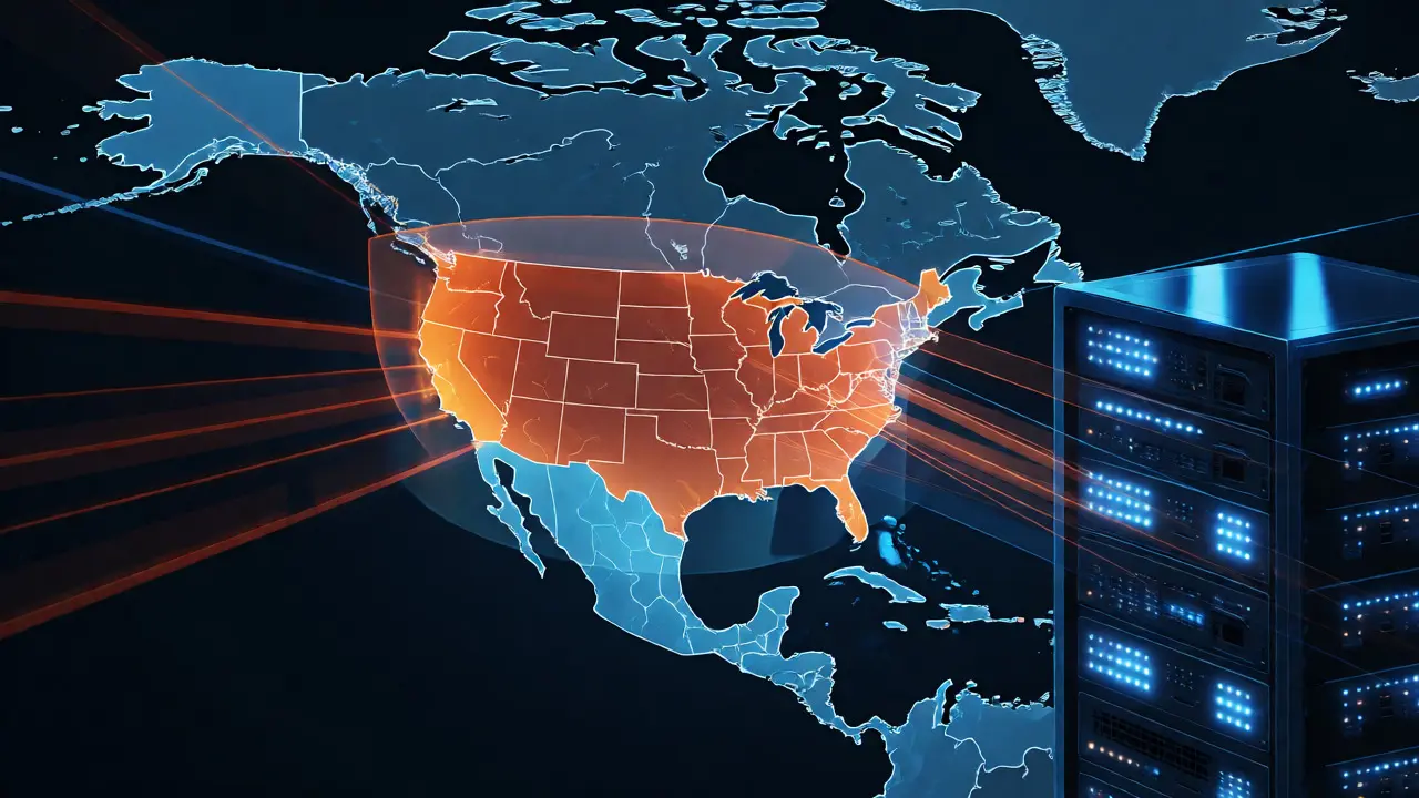 Abstract visualization of IP geolocation scanning restricted US borders