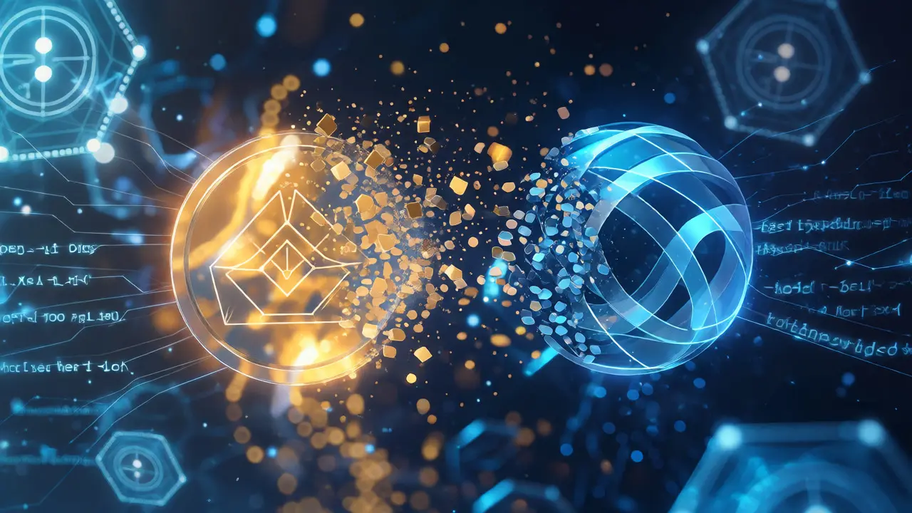 Abstract visualization of PIKA tokens migrating to new ORBIO blockchain assets