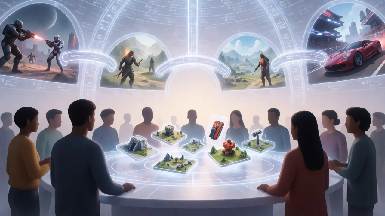 Avatars voting on game updates via DAO while assets move between different virtual worlds.