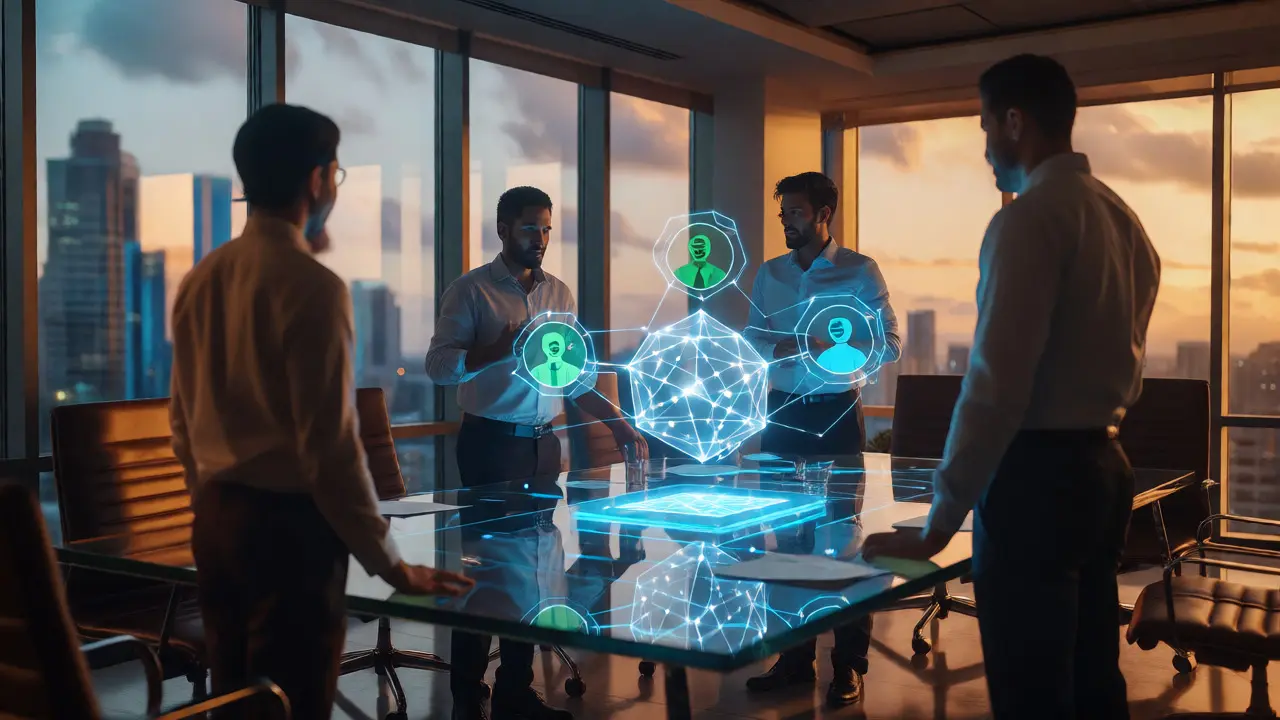 Business professionals approving a transaction via a holographic blockchain interface.
