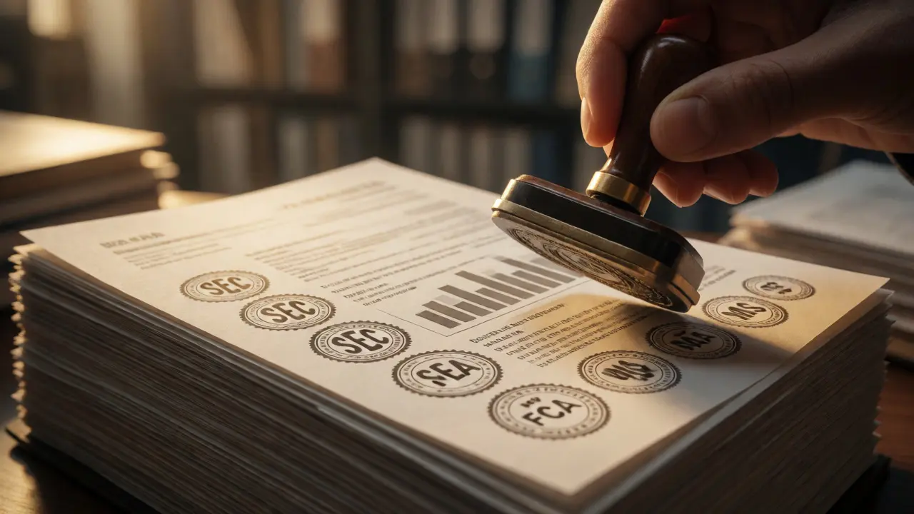 Close-up of an official stamp being applied to verified international crypto license documents.