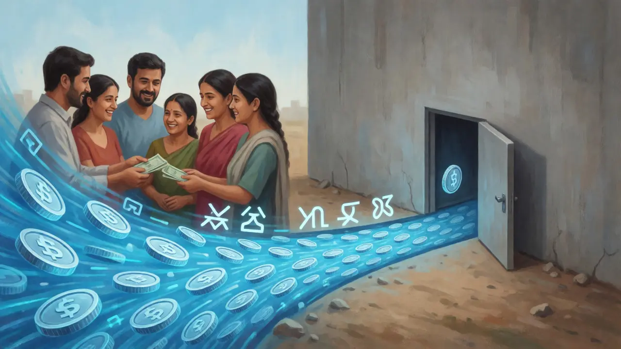 Conceptual art showing crypto remittances flowing past banking restrictions to families in Pakistan.
