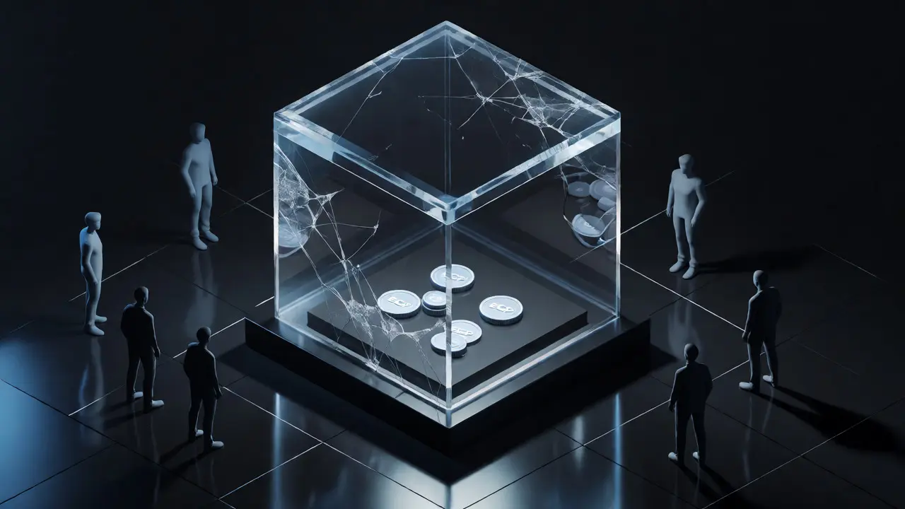 Cracked glass smart contract vault with scattered tokens, symbolizing lack of security audits.