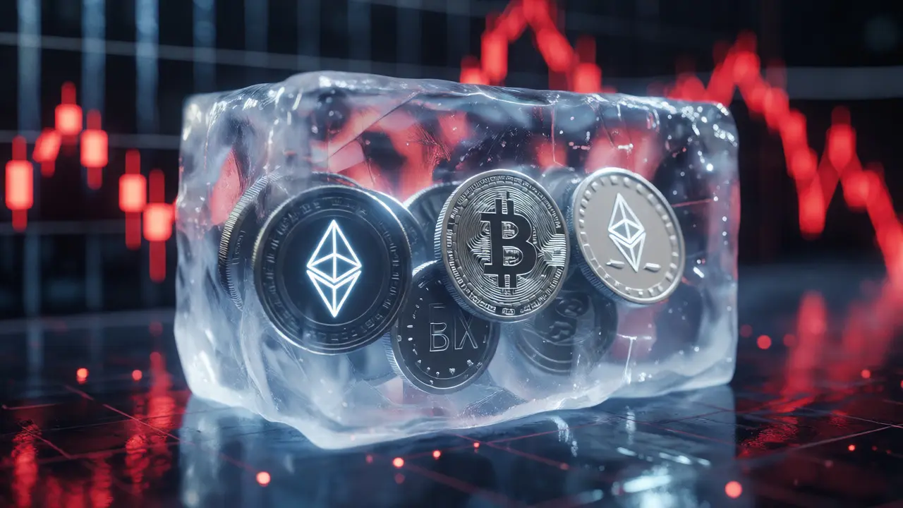 Cryptocurrency tokens frozen inside an ice block