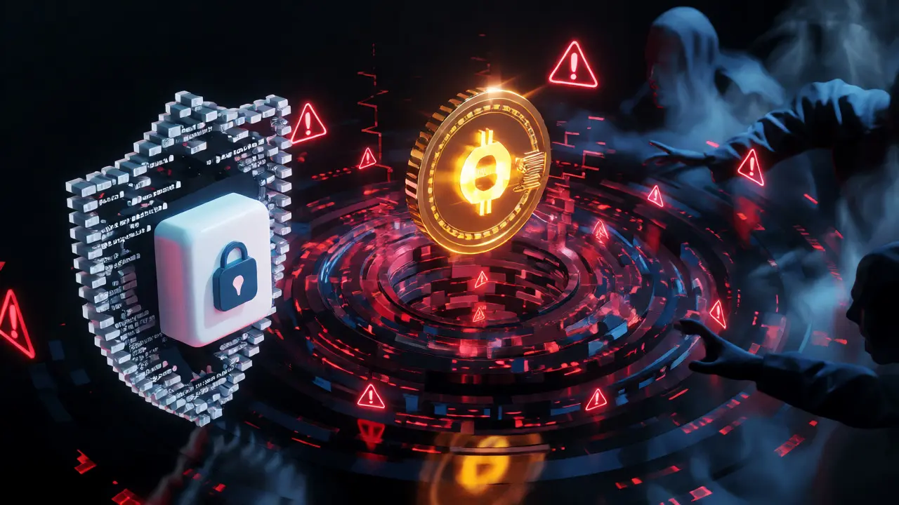Digital coin protected by shield against scam shadows