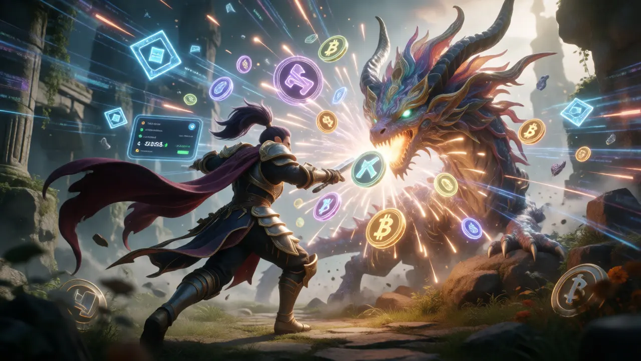 Fantasy game character earning glowing cryptocurrency tokens during battle in a play-to-earn model.