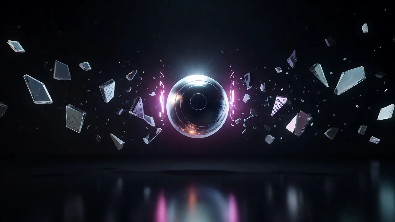 Futuristic glowing orb representing Orbio amidst fading legacy fragments