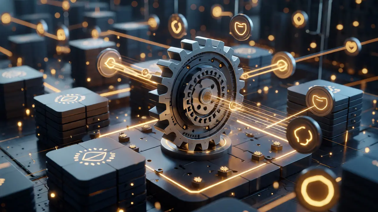 Futuristic visualization of manufacturing supply chain linked by smart contracts