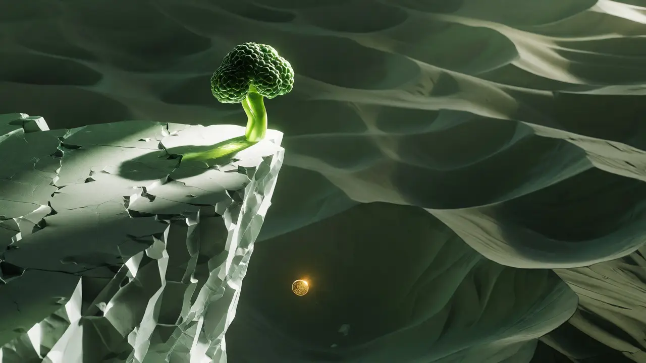 Glass broccoli sculpture balancing on a cliff over an empty desert landscape