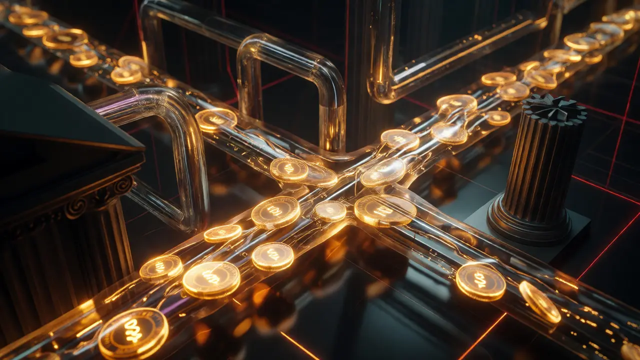 Glowing digital tokens flowing through glass pipes