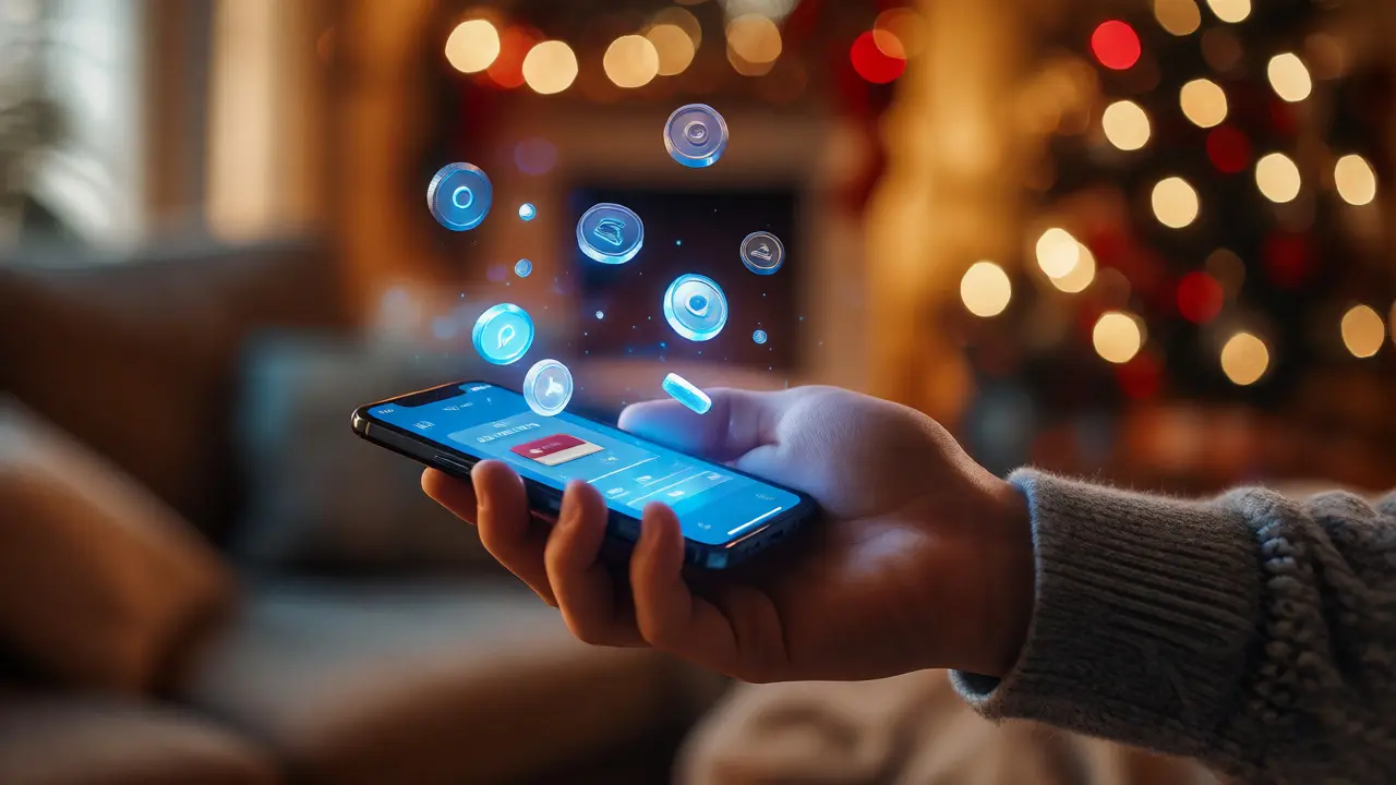 Hand holding a phone projecting holographic crypto tokens in a warm holiday setting.