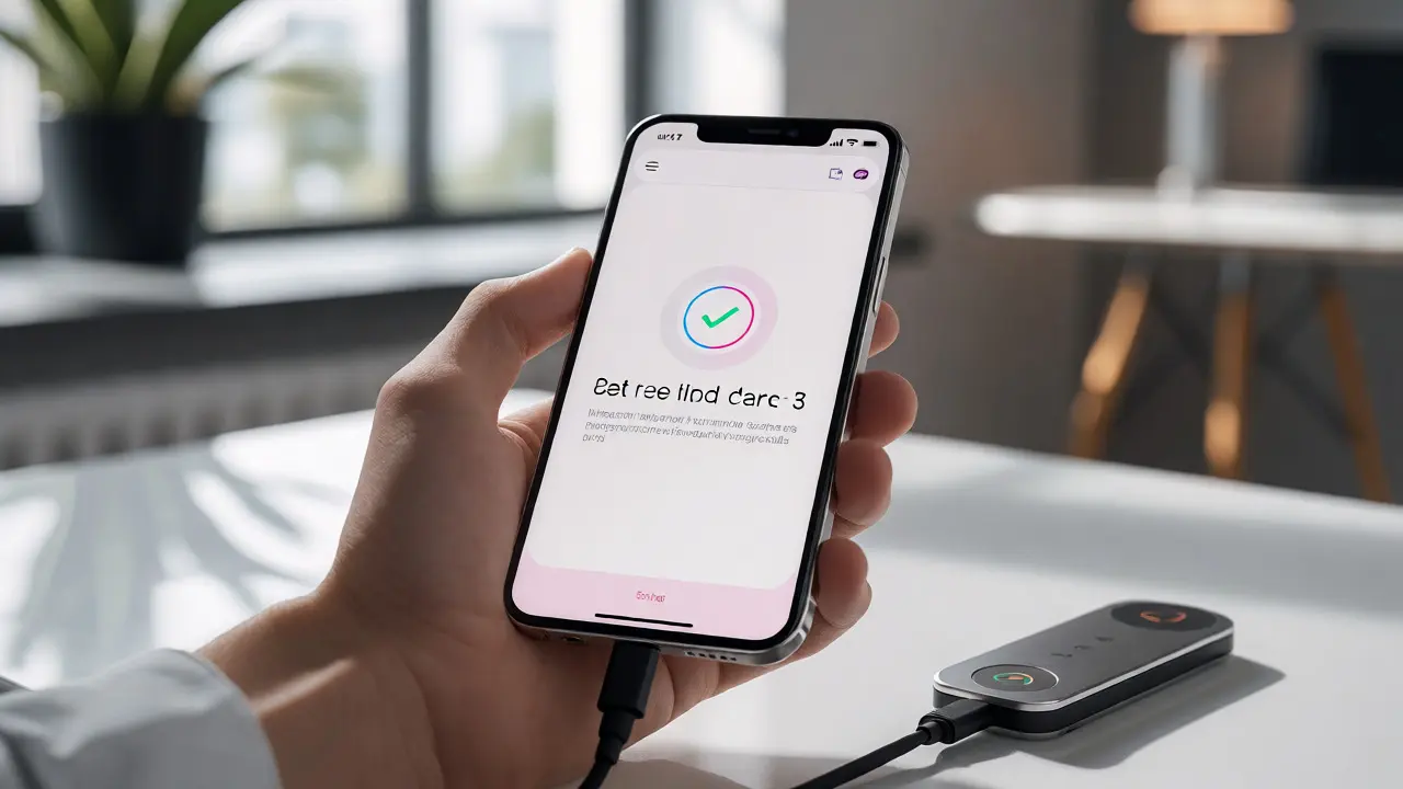 Hand holding phone for DEX swap with hardware wallet nearby