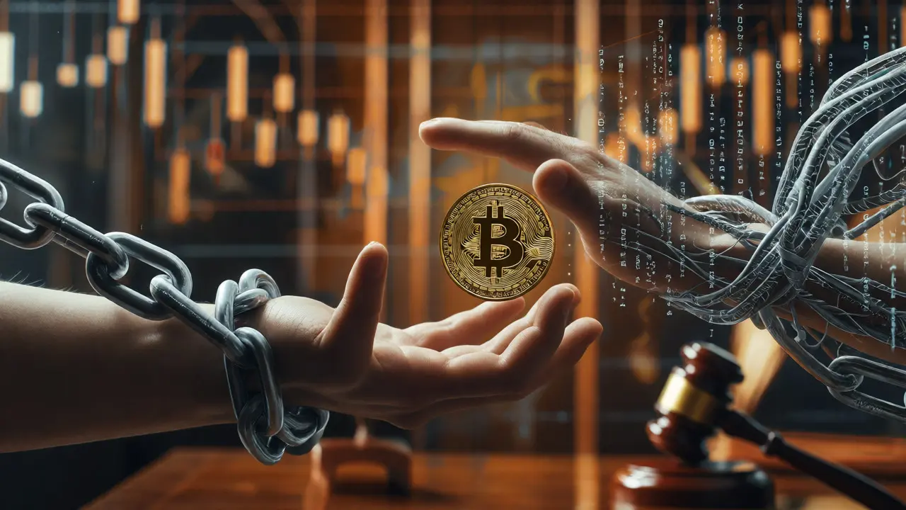Hand reaching for Bitcoin entangled in digital chains symbolizing regulatory risk