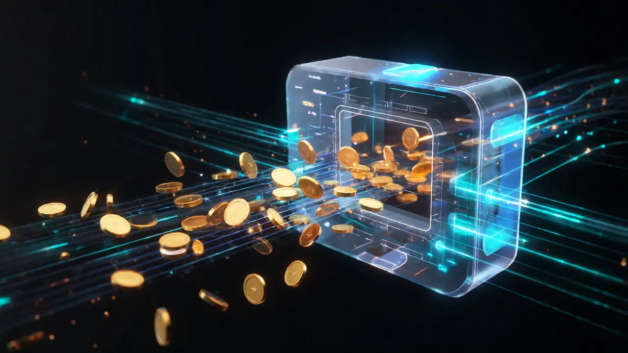 Holographic DEX structure with golden tokens flowing into a staking vault
