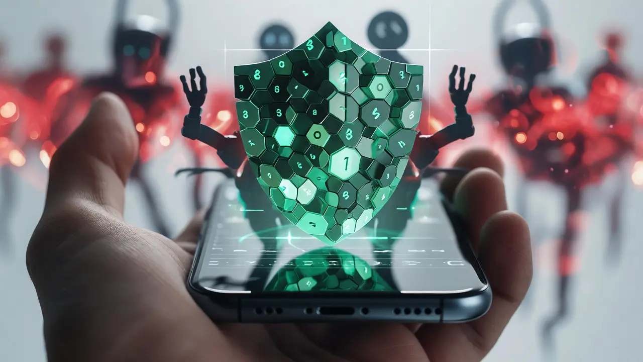 Holographic shield blocking digital threats behind a secure wallet interface.