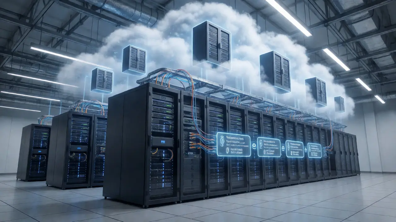 Hybrid data center scene linking on-premise HSM racks with cloud-based security layers.