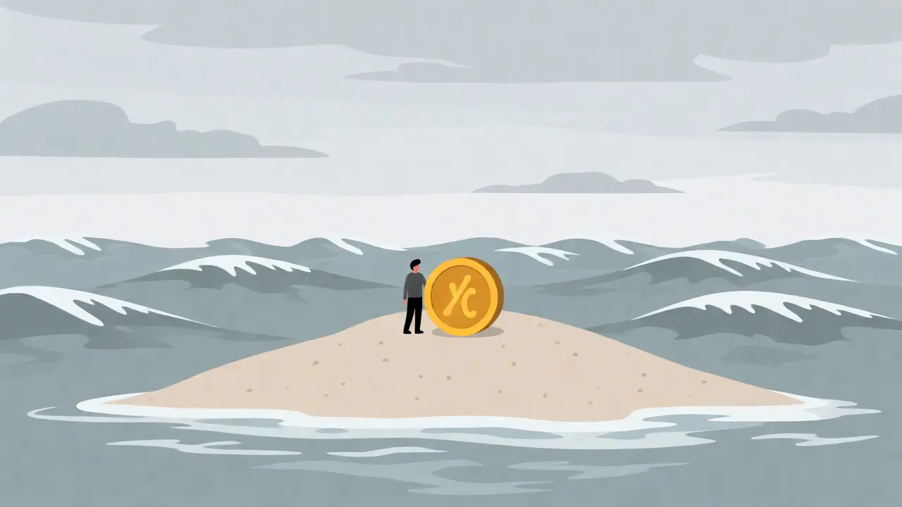 Illustration of a lone figure with a heavy coin on a small island, representing low liquidity.