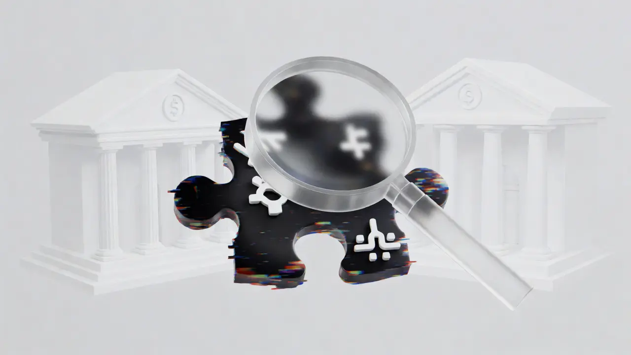 Magnifying glass inspecting glitchy digital crypto asset amidst verified structures