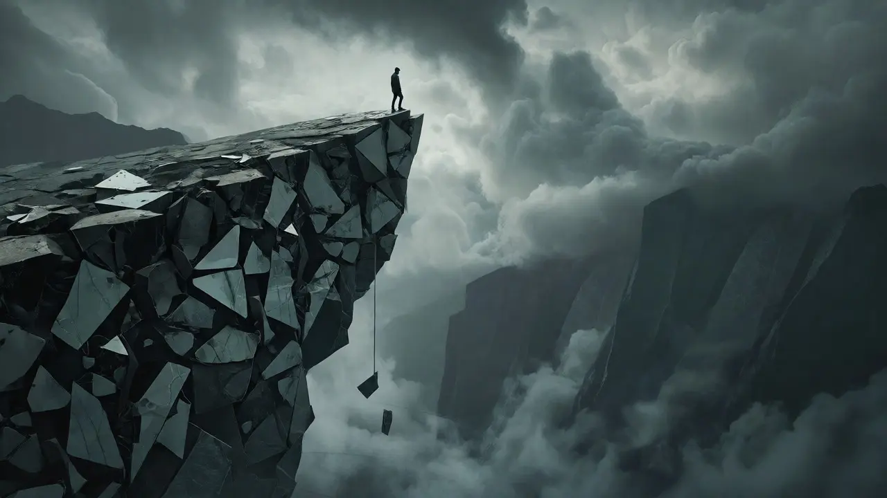 Person standing on a steep cliff edge symbolizing crypto market volatility