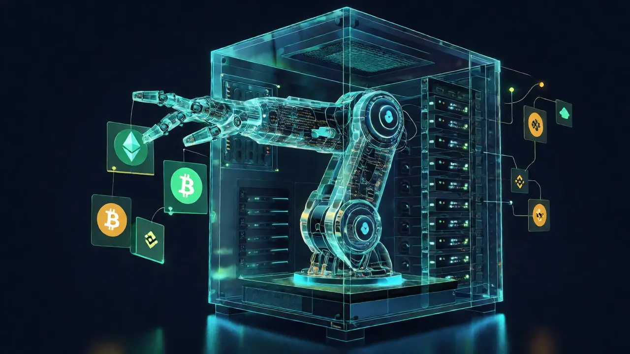Robotic arm executing trades on floating crypto symbols in a PC tower