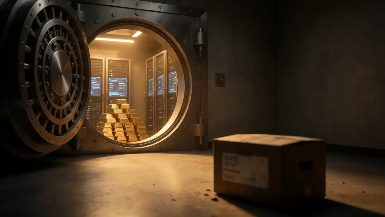 Secure vault with gold contrasting against a small obscure box in shadows