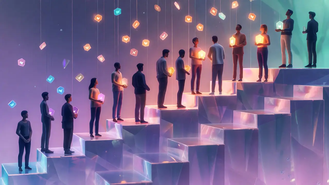 Stylized figures on tiers receiving selective token rain for high engagement.