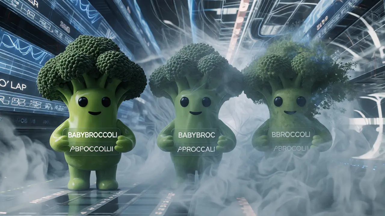 Three ghostly broccoli figures standing in a foggy digital marketplace