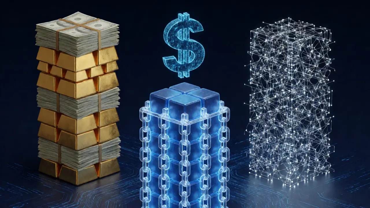 Three pillars representing fiat, crypto, and algorithmic stablecoin types