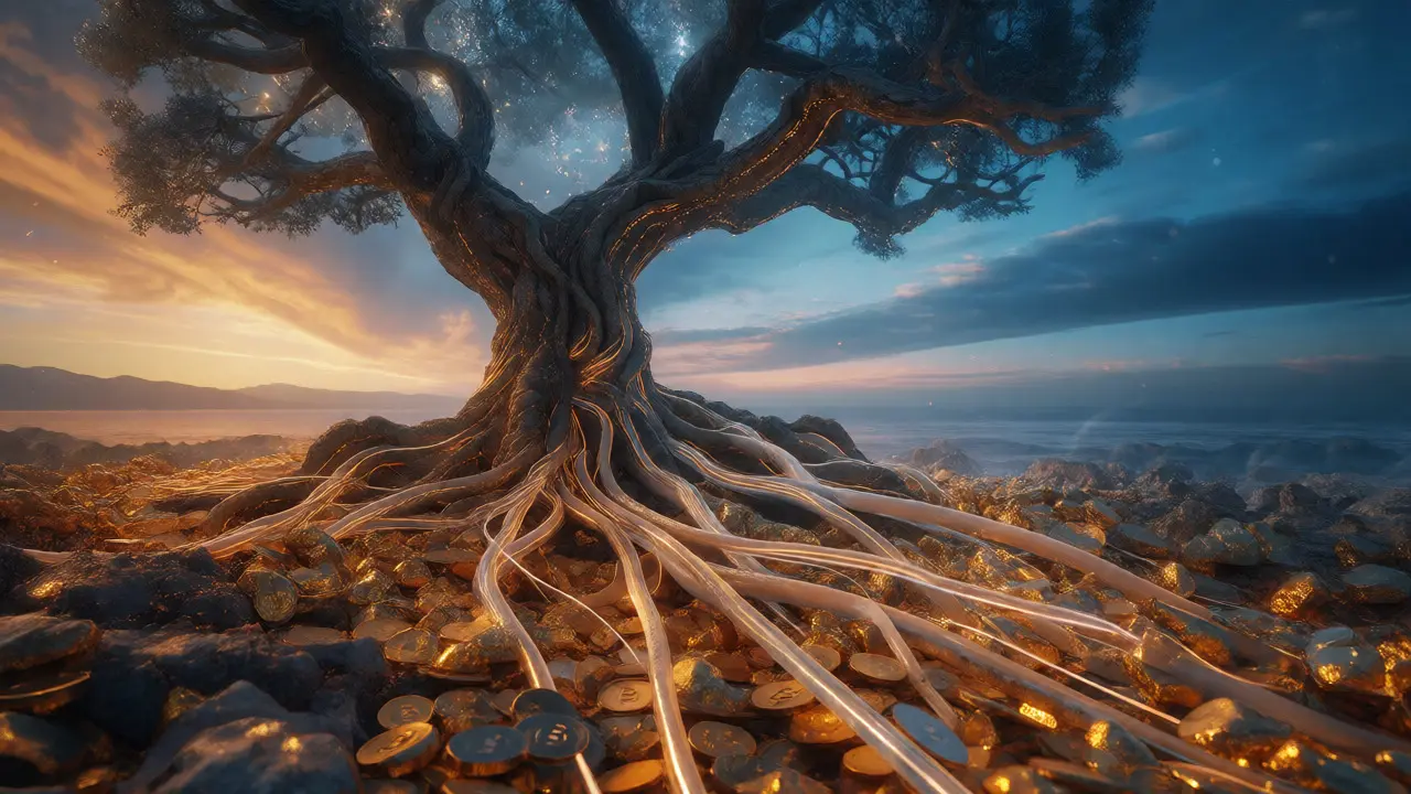 Tree with fiber-optic roots growing from gold coins against a twilight sky